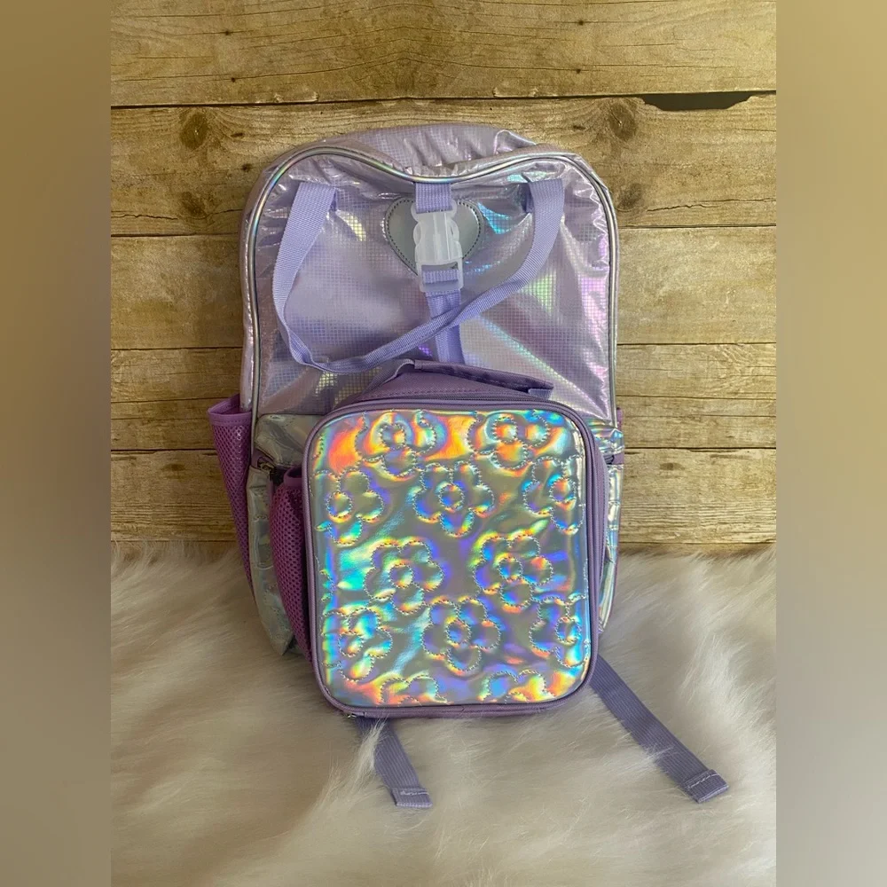 Love at 1st Sight Backpack Lunch Bag Combo Holographic Purple School Bag New
